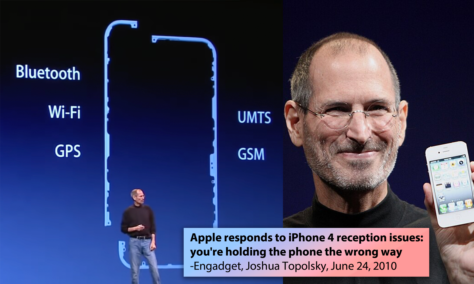 A picture of Steve Jobs announcing the new antenna in the iPhone, which did not go over well, with Steve Jobs famously responding with "Just avoid holding it in that way."