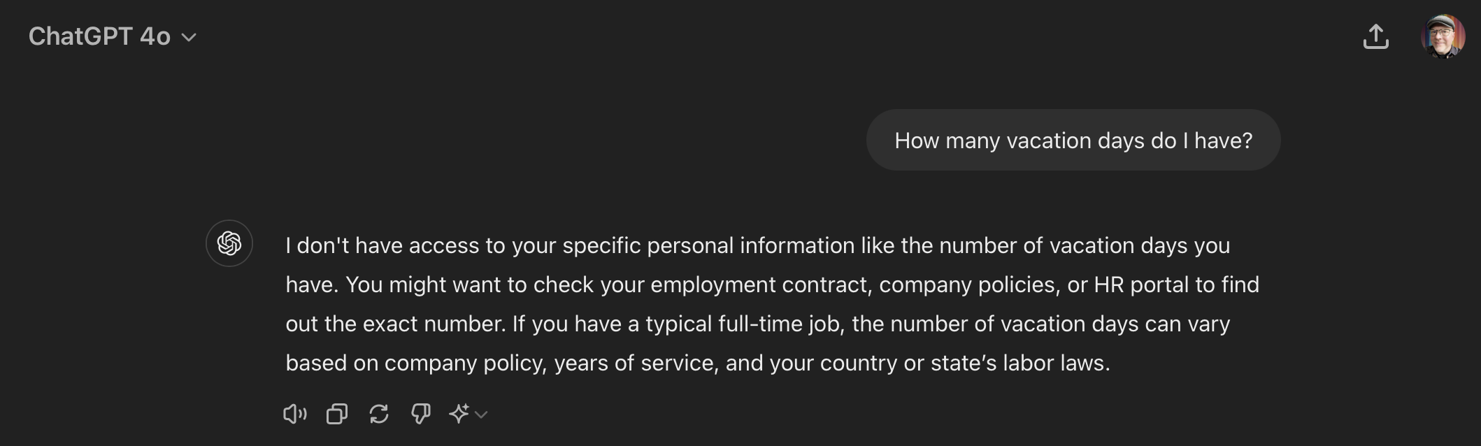 An image of a prompt with "How many vacation days do I have," with ChatGPT responding that it does not have that knowledge.