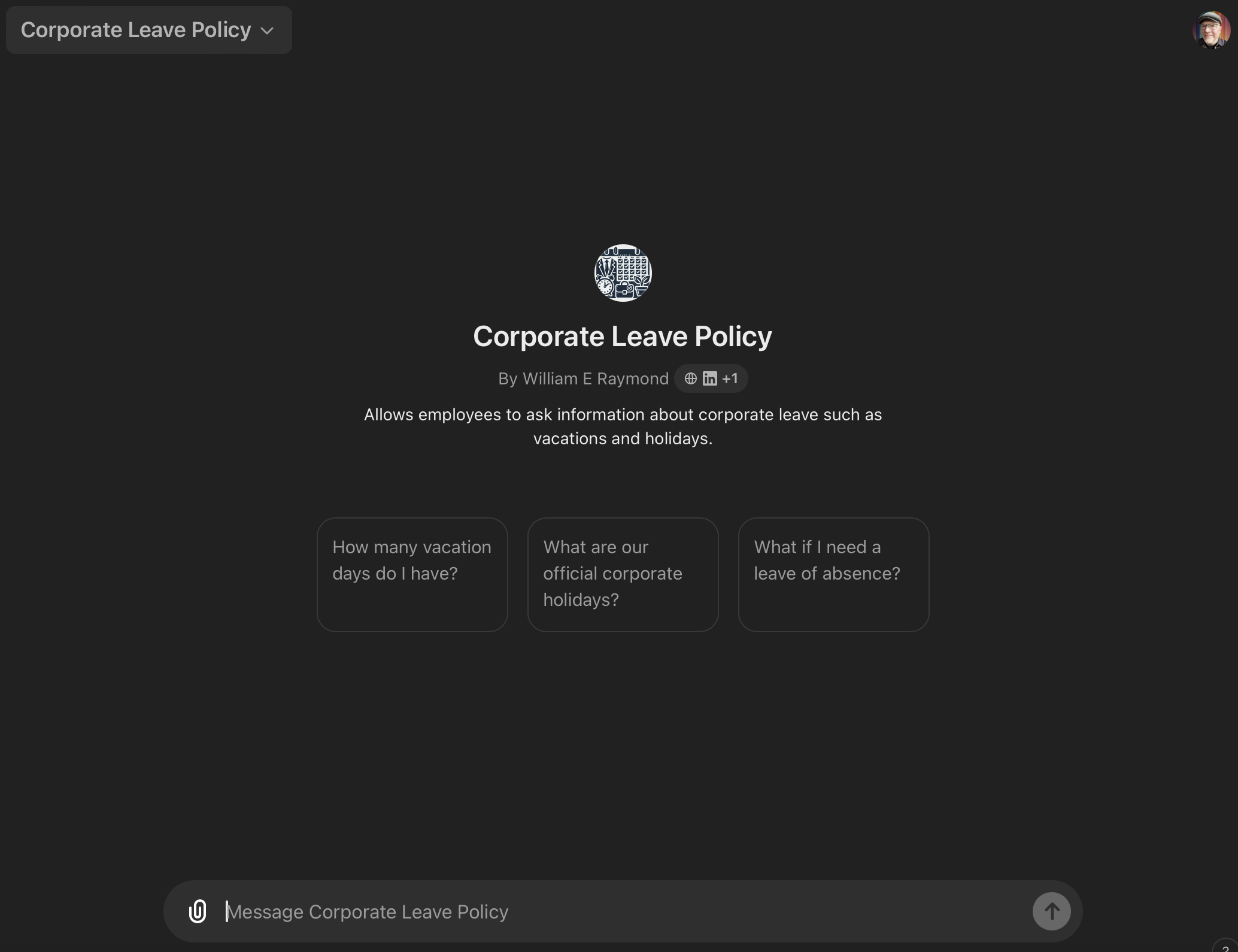 An image of a GPT designed for an employee to ask questions about their corporate leave policies.