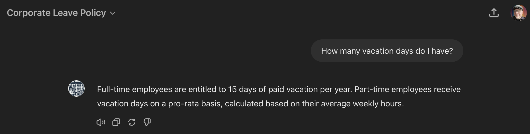 An image of a prompt with "How many vacation days do I have?" along with a proper response from ChatGPT because the question was asked in a no-code GPT.