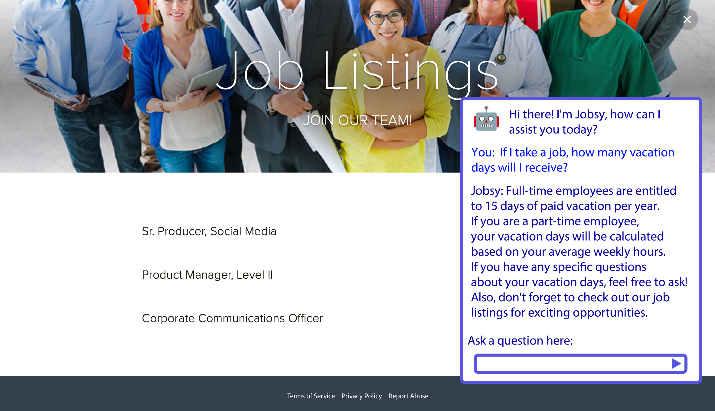 An image of a full-code GPT bot communicating with a job seeker on a corporate job listing page. 