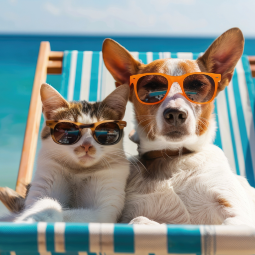 Cat and dog wearing sunglasses, lounging on a beach chair by the ocean, enjoying a sunny day.