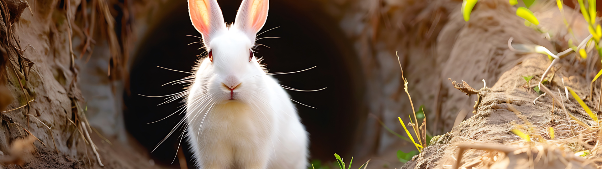 A picture of a white rabbit in front of a rabbit hole.