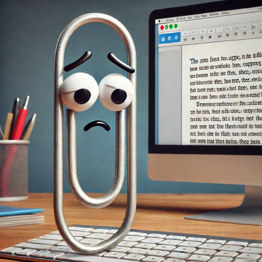 An image of an anthropomorphic paperclip that is sad and is on top of a comptuer keyboard with a screen in the background.