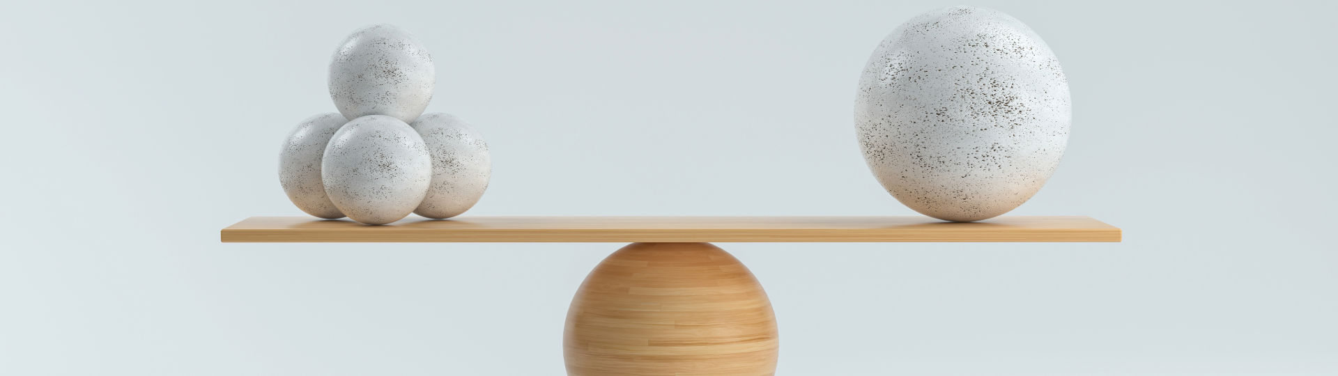 An abstract balance scale with multiple small spheres on one side and one large sphere on the other, symbolizing weighing decisions.