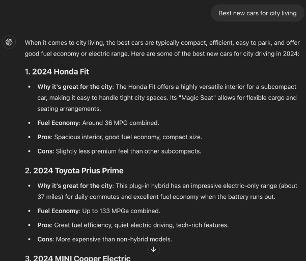 The ChatGPT results for the prompt "Best new cars for city living", including how it defines a city living car and some recommendations, such as the 2024 Honda Fir and Toyota Prius Prime.