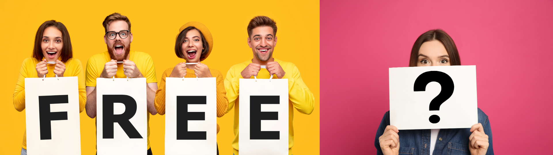 Five people holding signs spell out "FREE," while a sixth person holds a sign with a question mark, symbolizing confusion around whether open-source software is free in terms of cost or freedom.